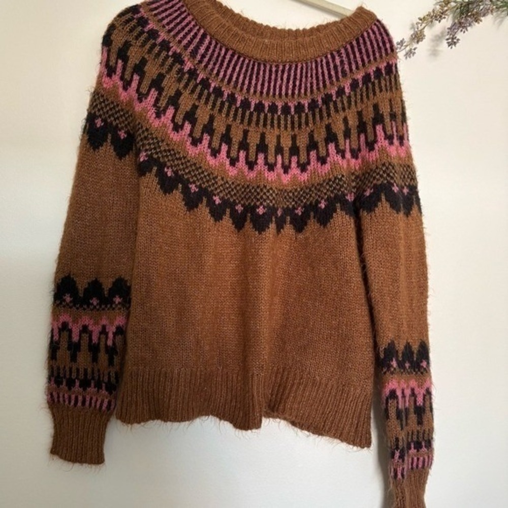 Brown Pink Knit Sweater Fair Isle Medium